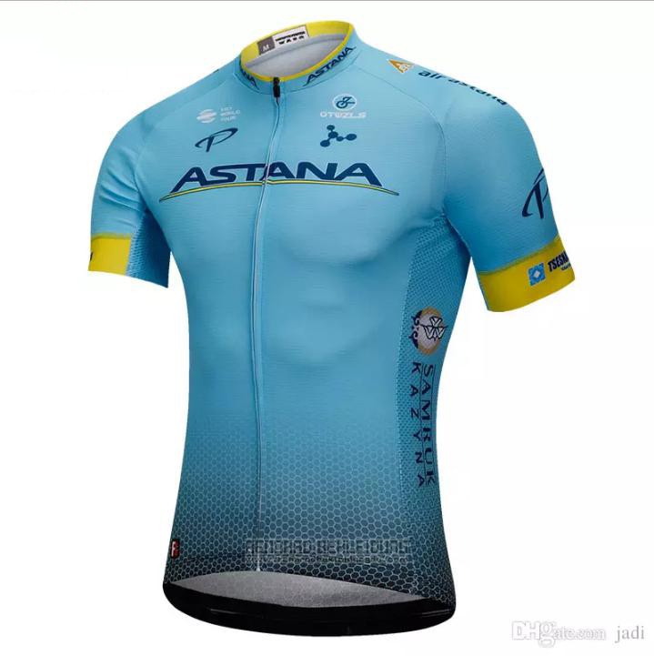 2018 Fahrradbekleidung Astana Blau Trikot Kurzarm und Tragerhose